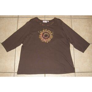 QUACKER FACTORY Dark Brown Plus Sz 1X Soft Stretchy Cotton Tee Rhinestones Shirt